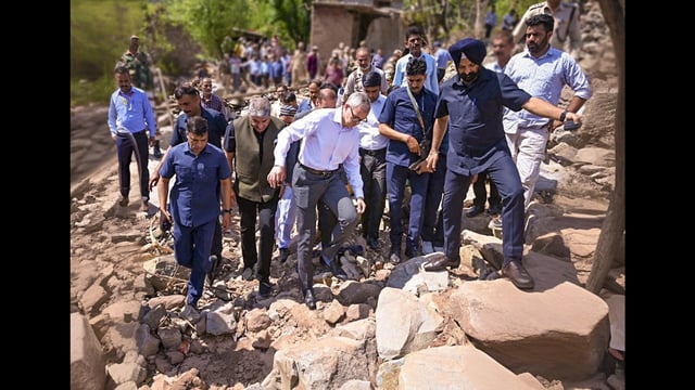 Jammu and Kashmir Chief Minister Omar Abdullah during a visit to an affected area after the recent cloudbursts that triggered flash floods and landslides, to review restoration work, in Ramban district. (PTI)