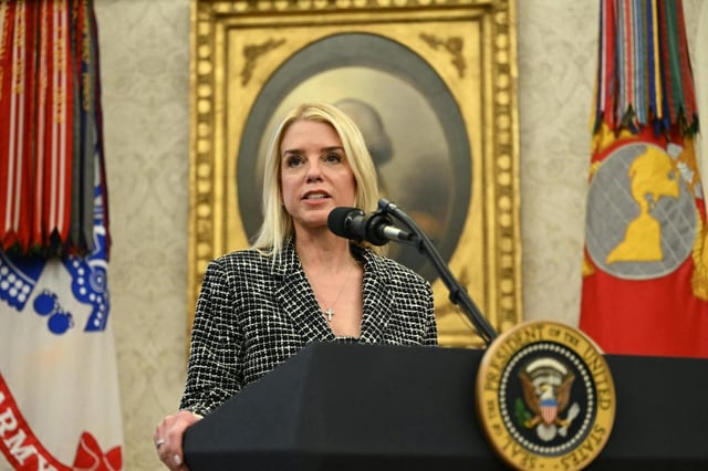 Pam Bondi speaks after being sworn in as U.S. Attorney General in the Oval Office of the White House in Washington, D.C., on Feb. 5, 2025. (Andrew Caballero-Reynolds/AFP/Getty Images North America/TNS)