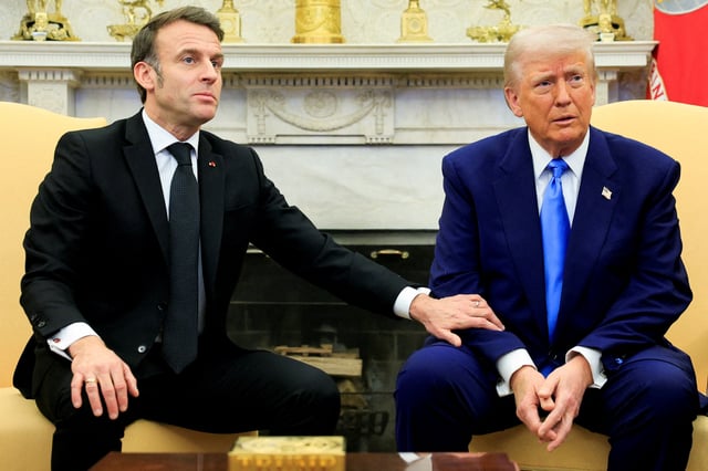 FILE PHOTO: U.S. President Donald Trump meets with French President Emmanuel Macron at the White House in Washington, D.C., U.S., February 24, 2025. REUTERS/Brian Snyder/File Photo/File Photo