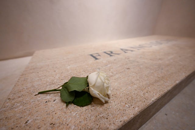 A white rose is placed on Pope Francis' tomb in the Papal Basilica of Saint Mary Major.