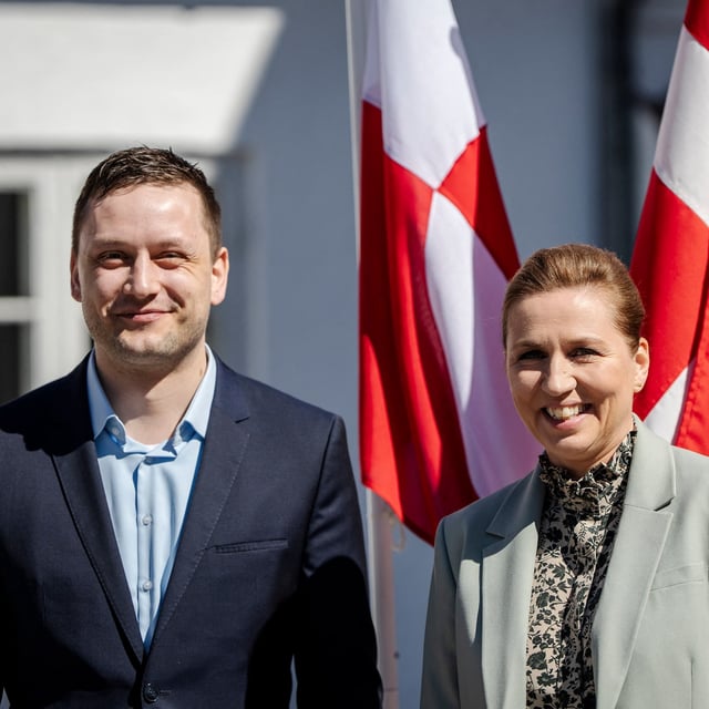 Denmark's Prime Minister Mette Frederiksen (R) and Greenland's Prime Minister Jens-Frederik Nielsen smile for cameras prior to a meeting at the Prime Minister's residence Marienborg in Kongens Lyngby, Denmark, on April 27, 2025. (Photo by Mads Claus Rasmussen / Ritzau Scanpix / AFP) / Denmark OUT (Photo by MADS CLAUS RASMUSSEN/Ritzau Scanpix/AFP via Getty Images)