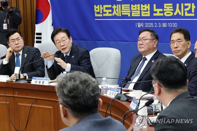 Lee Jae-myung (2nd from L), then leader of the liberal Democratic Party, speaks during a meeting on the special chips bill at the National Assembly in Seoul in this Feb. 3, 2025, file photo. (Yonhap)