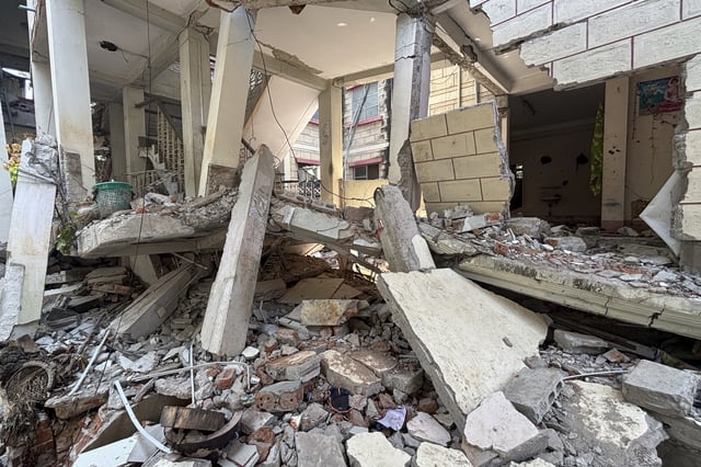 A damaged building is seen in Naypyitaw, Myanmar, Monday, April 28, 2025, one month after the earthquake. (AP Photo/Aung Shine Oo)