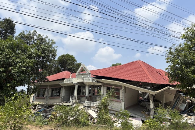 A damaged building is seen in Naypyitaw, Myanmar, Monday, April 28, 2025, one month after the earthquake. (AP Photo/Aung Shine Oo)