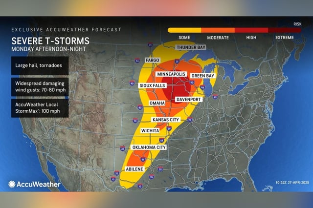 A forecast map from AccuWeather shows which parts of the U.S. are facing severe weather on Monday.