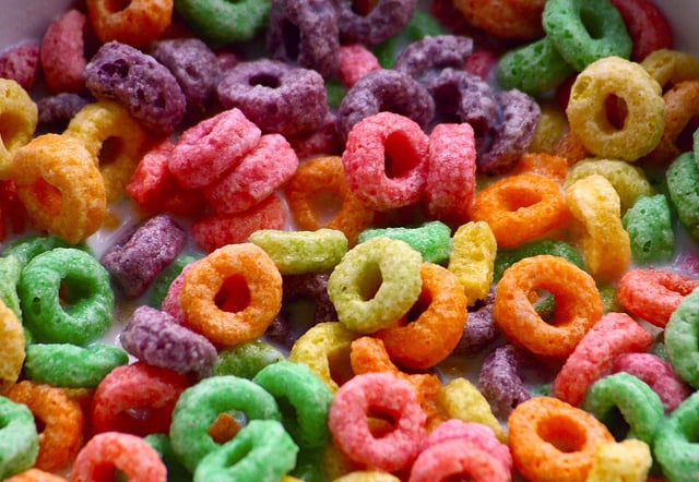 closeup bowl of froot loops shows bright food dyes