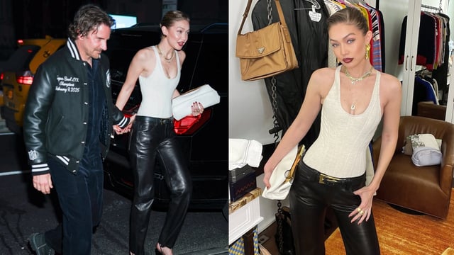 Gigi Hadid and Bradley Cooper match leather fits for her 30th birthday party