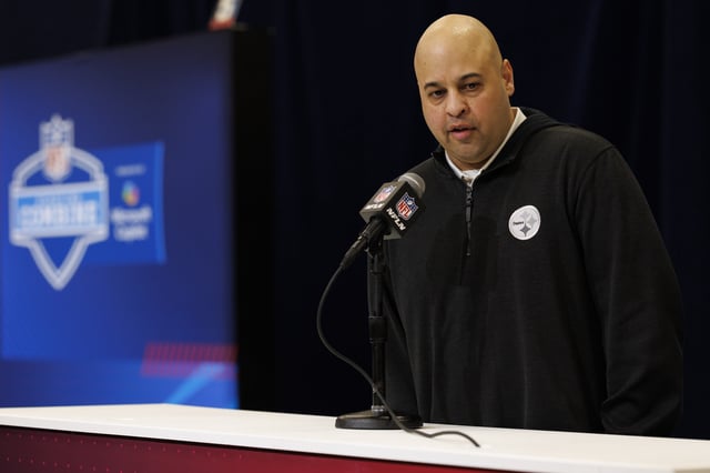 INDIANAPOLIS, INDIANA - FEBRUARY 25: General manager Omar Khan of the Pittsburgh Steelers speaks at the podium during the 2025 NFL Combine at the Indiana Convention Center on February 25, 2025 in Indianapolis, Indiana.