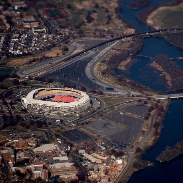 FILE - RFK Stadium is visible from Air Force One as it takes off from Andrews Air Force Base, Md., Nov. 29, 2017. (AP Photo/Andrew Harnik, File)