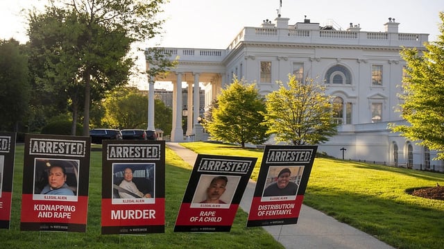 Signs on the White House lawn on Monday show photos of what have been described as alleged criminals who are living in the country illegally and have  been arrested. (AP/Mark Schiefelbein)