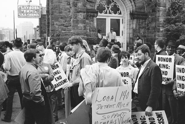 FILE - In this April 8, 1968, file photo, people gather at the Clayborn Temple as they prepare to march in honor of Dr. Martin Luther King in Memphis, Tenn., four days after the civil rights leader was assassinated. (AP Photo/File)