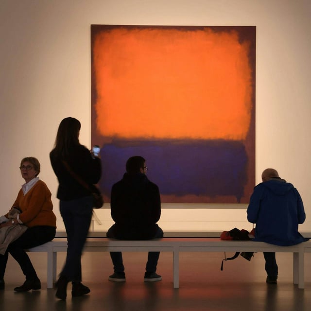 Museumsbesucher schauen sich ein Gemälde von Mark Rothko an. Dabei handelt es sich nicht um das beschädigte Werk „Grau, Orange auf Kastanienbraun, Nr. 8“.