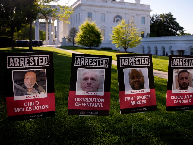 Posters depicting detained illegal immigrants are visible along the north lawn outside the West Wing of the White House on April 28, 2025 in Washington, DC. Wednesday of this week will mark the first 100 days of U.S. President Donald Trump's second term. (Andrew Harnik/Getty)