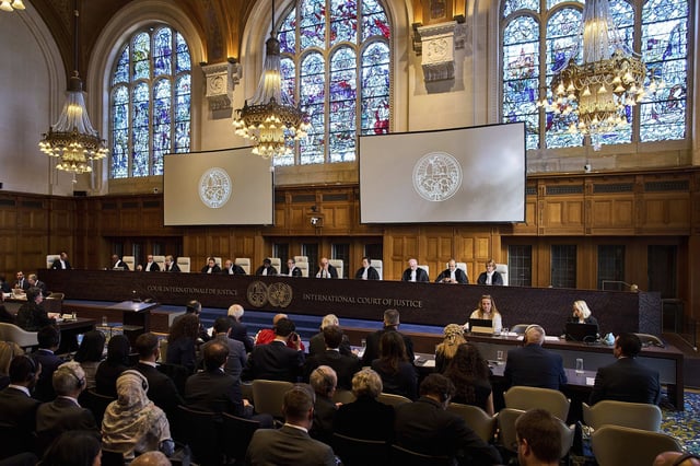 The International Court of Justice open hearings into a United Nations request for an advisory opinion on Israel's obligations to allow humanitarian assistance in Gaza and the West Bank, in The Hague, Netherlands, Monday, April 28, 2025. (AP Photo/Peter Dejong)