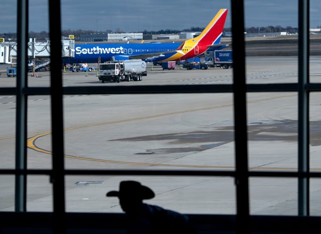 A Southwest Airlines plane at a gate at the Indianapolis International Airport on Thursday, March 6, 2025.