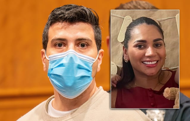 Felipe Hoyos Foronda (main), charged in the death of María Paz Peñaloza Cabrera (inset), is pictured during his arraignment at Queens Supreme Court on Monday, April 28, 2025. (Theodore Parisienne / New York Daily News)
