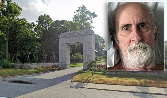 Donald Coffel (inset) is charged with killing his roommate and depositing her dismembered remains in a suitcase outside a Groton, Ct cemetery (main photo). (Google; Groton PD)