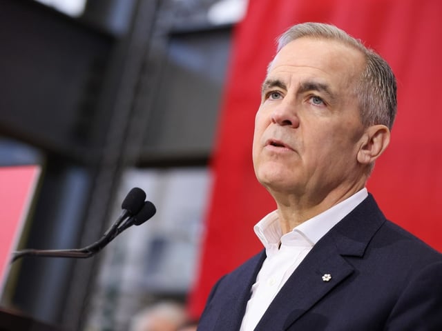 Prime Minister Mark Carney speaks during a campaign stop at the Iron Workers Local Union 725 offices in Calgary on Wednesday, April 9, 2025.