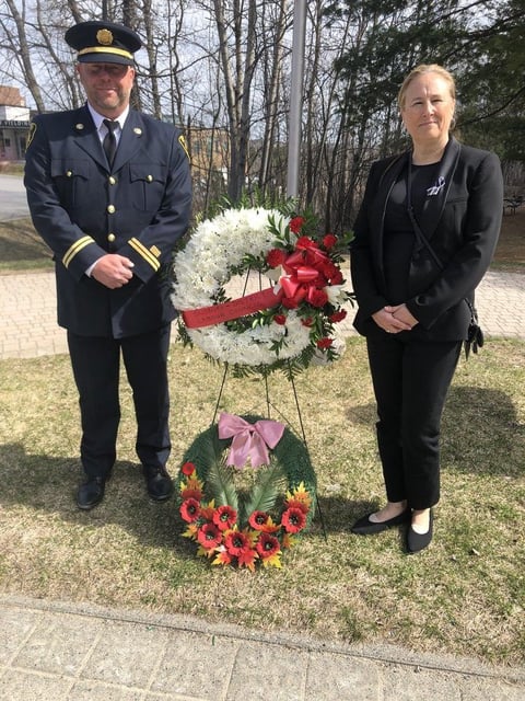  Mike Squarzolo, president of the Sudbury Professional Firefighters Association, left, and Sandra Dorman, director of the Centre for Research in Occupational Safety and Health at Laurentian University, were among the speakers at local Day of Mourning ceremonies Monday at Laurentian.