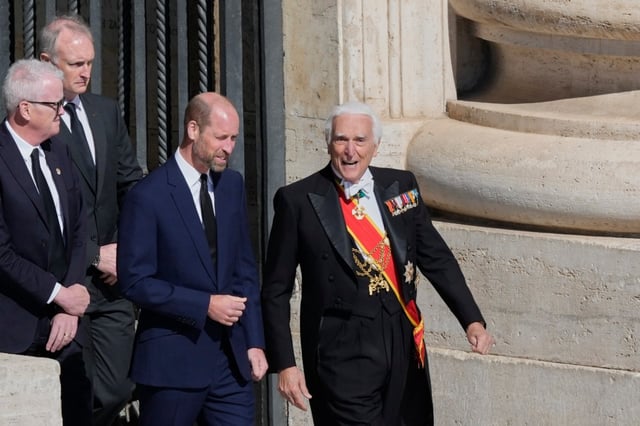 Britain’s Prince William, center, arrives for the funeral of Pope Francis in St. Peter’s Square at the Vatican, Saturday, April 26, 2025. (AP Photo/Gregorio Borgia)