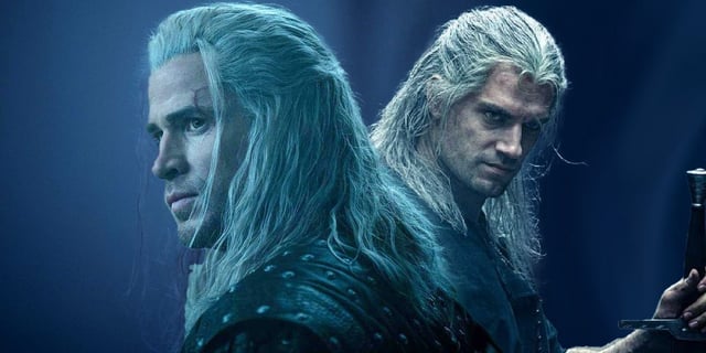 superimposed images of Henry Cavill and Liam Hemsworth as Geralt in Netflix's The Witcher series