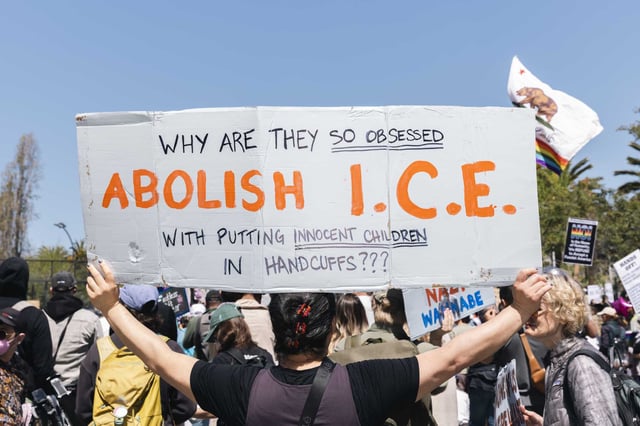 Demonstrators take part in the People&#39;s March for Democracy in San Francisco on April 12, 2025.