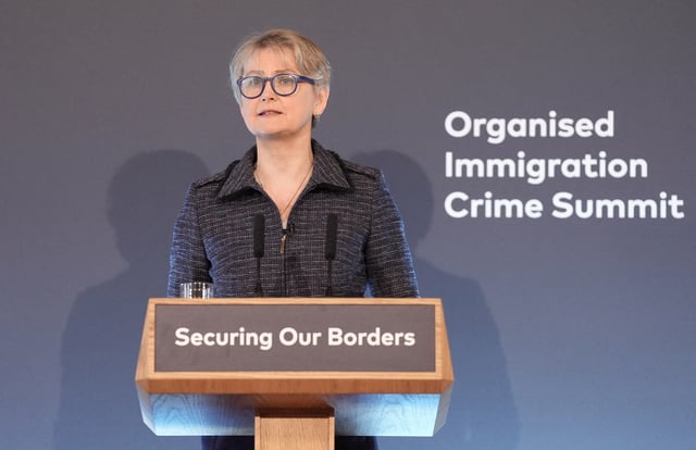 Britain's Home Secretary Yvette Cooper speaks at the Organised Immigration Crime Summit at Lancaster House in central London, Britain March 31, 2025. Stefan Rousseau/Pool via REUTERS/File Photo