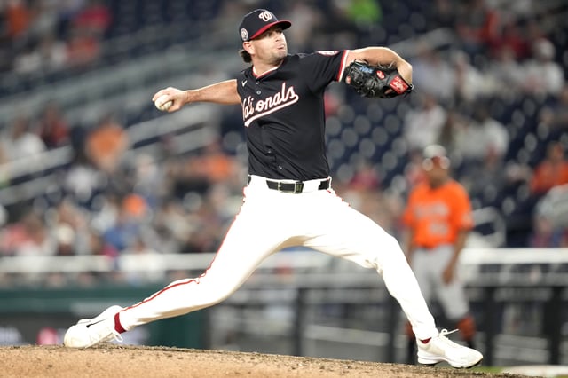 WASHINGTON, DC - APRIL 23: Kyle Finnegan #67 of the Washington Nationals pitches during a baseball game against the Baltimore Orioles at Nationals Park on April 23, 2025 in Washington, DC.