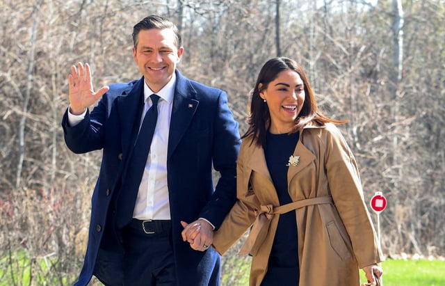 Pierre Poilievre and his wife, Anaida, arrive to vote today