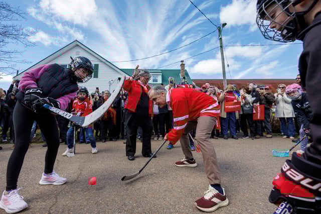Mark Carney faces off against local children during a campaign stop in Nova Scotia last week