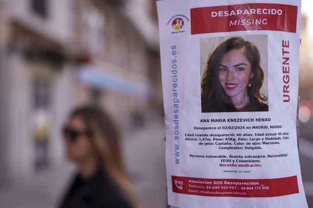 FILE - A missing poster for Colombian-born American Ana Maria Knezevich Henao is displayed on a streetlight in Madrid, Spain, Feb. 16, 2024. (AP Photo/Manu Fernandez, File)