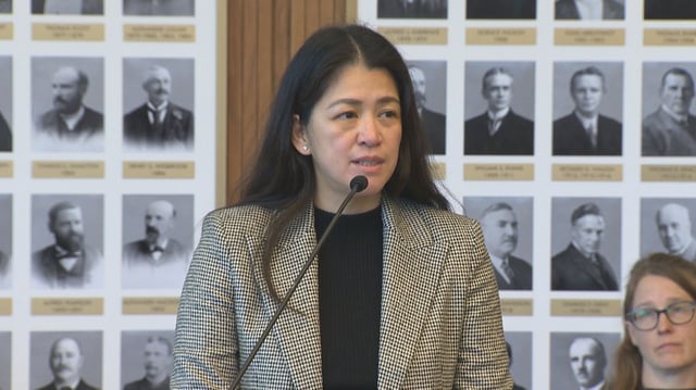 Immigration and Labour Minister Malaya Marcelino speaks at Winnipeg City Hall on the National Day of Mourning. The annual event commemorates workers who have died or who have been injured at work.