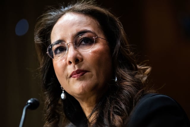 Harmeet Dhillon, then-nominee to be an assistant attorney general, testifies during her Senate Judiciary Committee confirmation hearing in Dirksen building in Washington, DC, on Wednesday, February 26, 2025.