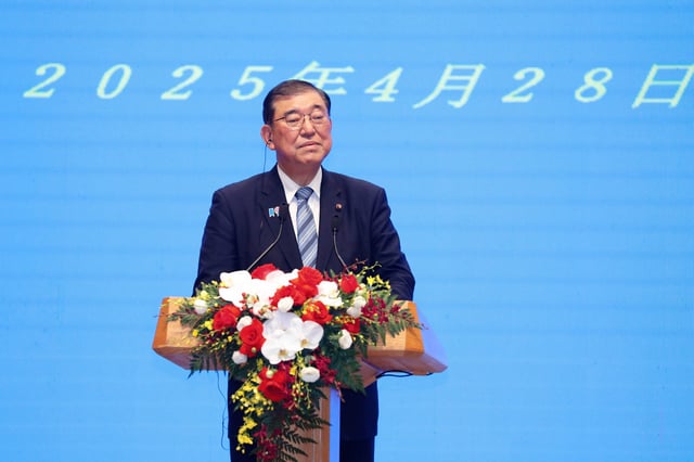 Japanese Prime Minister Shigeru Ishiba speaks during a press briefing at the Government Office in Hanoi, Vietnam, Monday, April 28, 2025. (AP Photo/Minh Hoang, Pool)