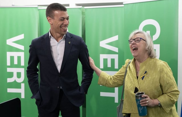 The Green Party of Canada co-leaders Elizabeth May, right, and Jonathan Pedneault, speak to their supporters as they launch their election campaign in Montreal on Sunday, March 23, 2025.  