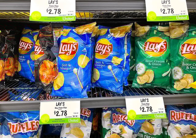 Bags of Lay's potato chips are displayed on a shelf at a grocery store on Feb. 10, 2023 in San Rafael, California.
