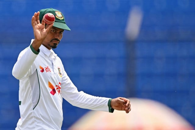 Bangladesh's Taijul Islam celebrates his six wickets against Zimbabwe