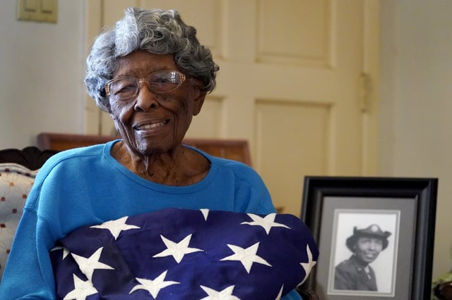 FILE - World War II veteran Maj. Fannie Griffin McClendon, a member of the World War II 6888th Central Postal Directory Battalion, poses for a photo at her home on June 10, 2021, in Tempe, Ariz. (AP Photo/Matt York, File)