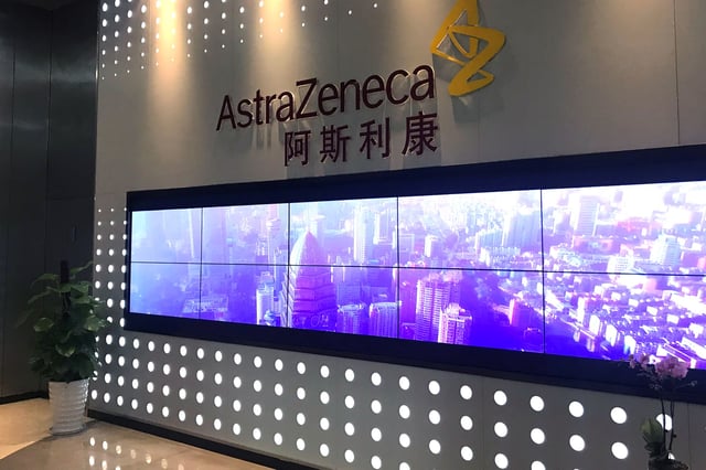 The logo of the British pharmaceutical company AstraZeneca is seen at the company's  China Commercial Innovation Centre (CCIC) in Wuxi, Jiangsu province, China, September 15, 2018. Picture taken September 15, 2018.   REUTERS/Adam Jourdan