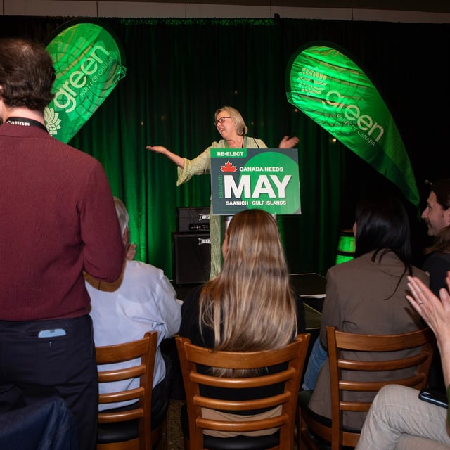 Green Party co-Leader Elizabeth May thanks all who supported her and her campaign after being re-elected while at the Church and State Winery in Brentwood Bay, B.C., on April 28, 2025.