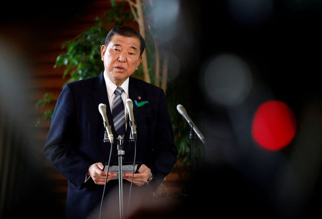 Japanese Prime Minister Shigeru Ishiba reacts as he speaks to reporters after a Japanese negotiator held ministerial talks at the White House regarding US tariffs, at the prime minister’s official residence in Tokyo, Japan, 17 April 2025. FRANCK ROBICHON/Pool via REUTERS/File Photo