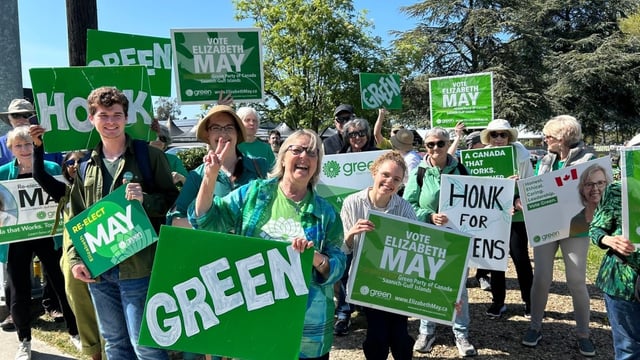 Elizabeth May campaigns in her riding of Saanich-Gulf Islands during the 2025 campaign.