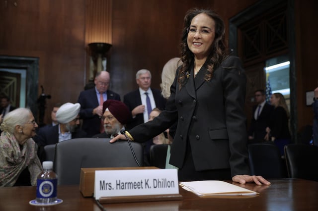 Harmeet Dhillon prepares for her confirmation hearing before the Senate Judiciary Committee in the Dirksen Senate Office Building on Capitol Hill on February 26, 2025 in Washington, DC