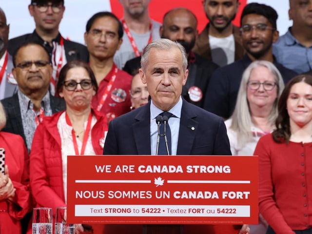 Mark Carney, Canada's prime minister and leader of Canada’s Liberal Party, during an election night event at TD Place in Ottawa, Ontario, Canada, early on Tuesday, April 29, 2025. Canada's Liberal Party is projected to win a fourth consecutive election, giving a mandate to former central banker Carney after a campaign in which he pledged to boost economic growth and stand up to US President Donald Trump in a trade war. Photographer: David Kawai/Bloomberg