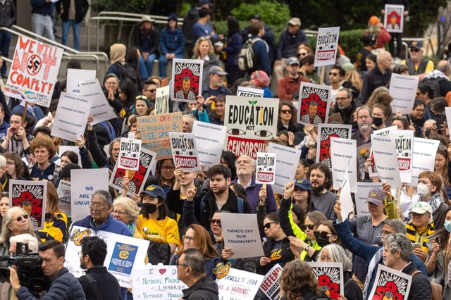 Students and faculty rally at the University of California, Berkeley campus to protest the Trump administration on Wednesday, March 19, 2025. (Karl Mondon/Bay Area News Group)
