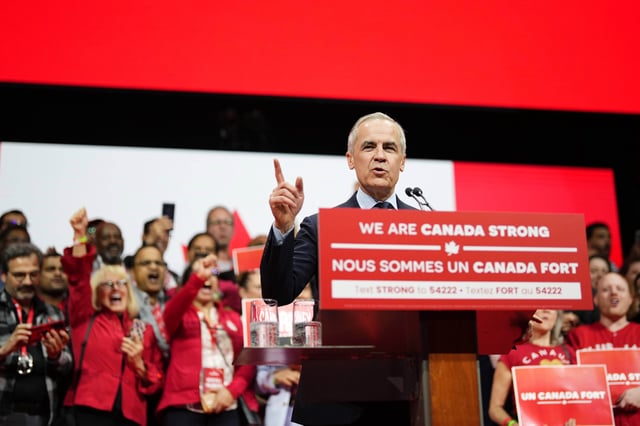 Canadian Prime Minister Mark Carney speaks on stage at his campaign headquarters after the Liberal Party won the Canadian election in Ottawa on Tuesday, April 29, 2025. 