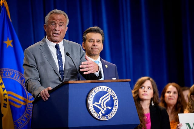 Health and Human Services Secretary Robert F. Kennedy Jr., accompanied by Food and Drug Administration Commissioner Marty Makary (R), speaks during a news conference at the Health and Human Services Department on April 22, 2025 in Washington, DC. Kennedy and Makary spoke about the intent of the FDA &#34;to phase out the use of petroleum-based synthetic dyes in the nation&#39;s food supply.&#34;