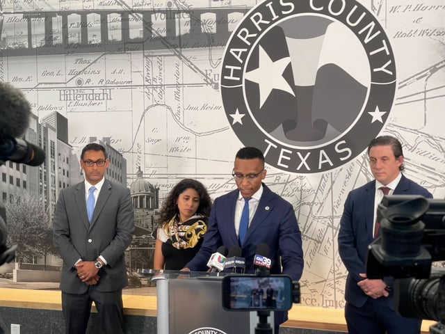 Harris County Judge Lina Hidalgo and County Attorney Christian D. Menefee hold a conference on April 29, 2025 to announce the county&#39;s involvement in a lawsuit against the Trump administration over the firings of federal workers. 