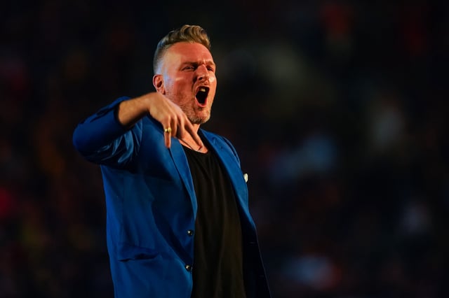 SAN ANTONIO, TEXAS - JANUARY 28: Pat McAfee is introduced prior to the WWE Royal Rumble at the Alamodome on January 28, 2023 in San Antonio, Texas.