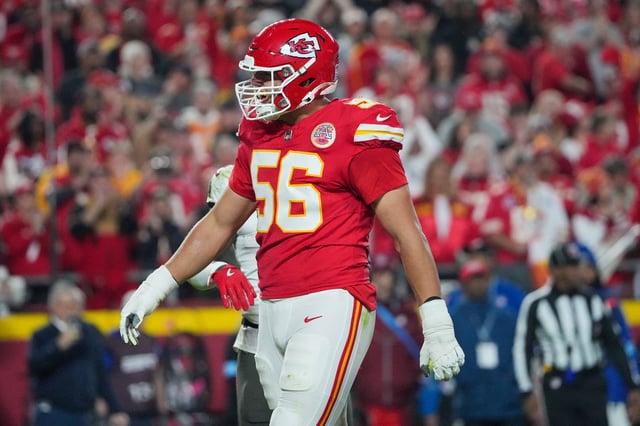 Nov 4, 2024; Kansas City, Missouri, USA; Kansas City Chiefs defensive end George Karlaftis (56) celebrates after making a sack against the Tampa Bay Buccaneers during the first half at GEHA Field at Arrowhead Stadium. Mandatory Credit: Denny Medley-Imagn Images/File Photo